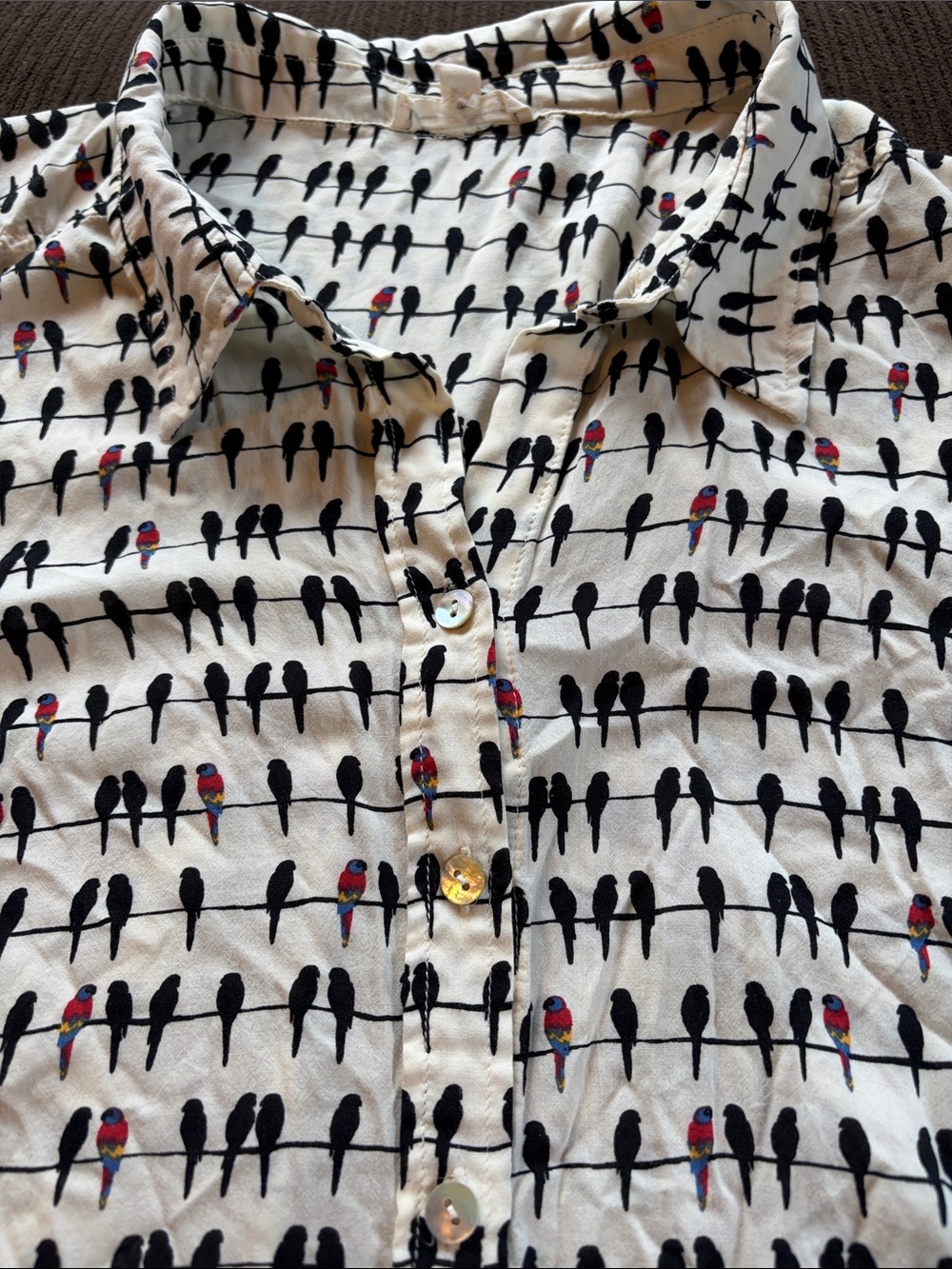 Jane and Delancey Birds on a Wire (Parrots) button front Roll-tab sleeve Blouse - Picture 5 of 17